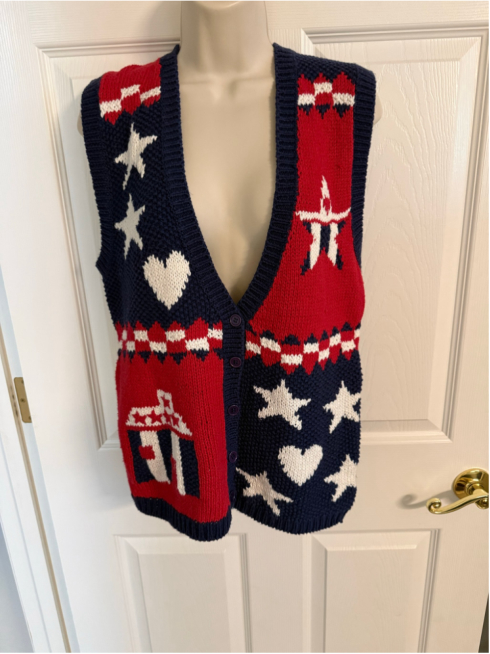Vtg 90s Koret City Blues Patriotic Americana Knit Sweater Vest Stars Hearts S